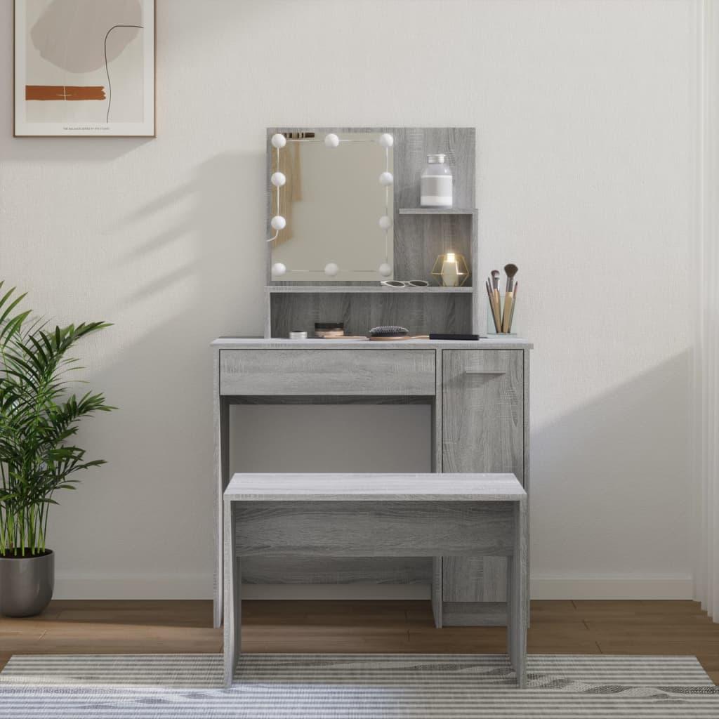 Makeupbordssæt med LED-lys konstrueret træ grå sonoma-eg billede