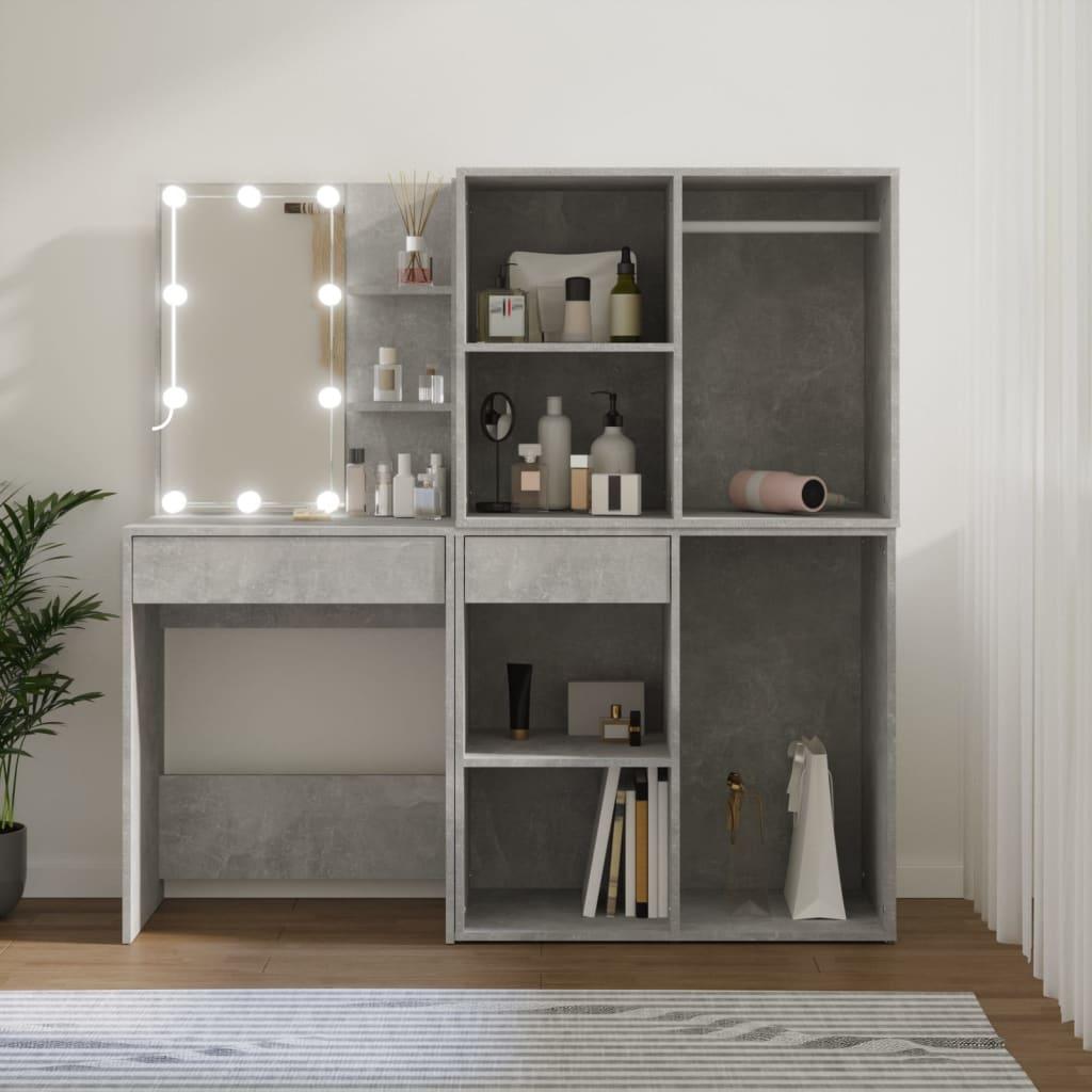 Makeupbord med LED-lys og 2 skabe konstrueret træ betongrå billede