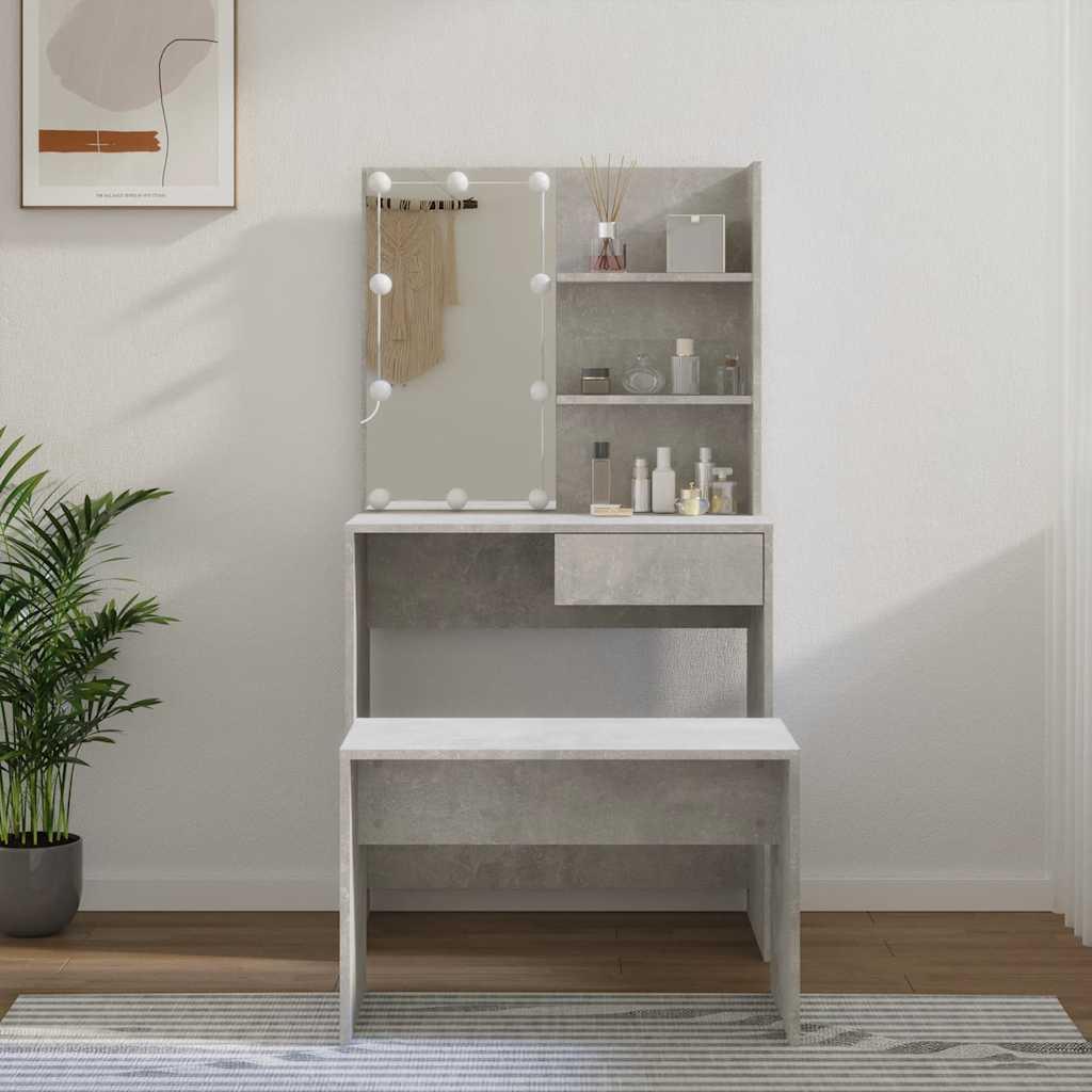 Makeupbordssæt med LED-lys konstrueret træ betongrå billede