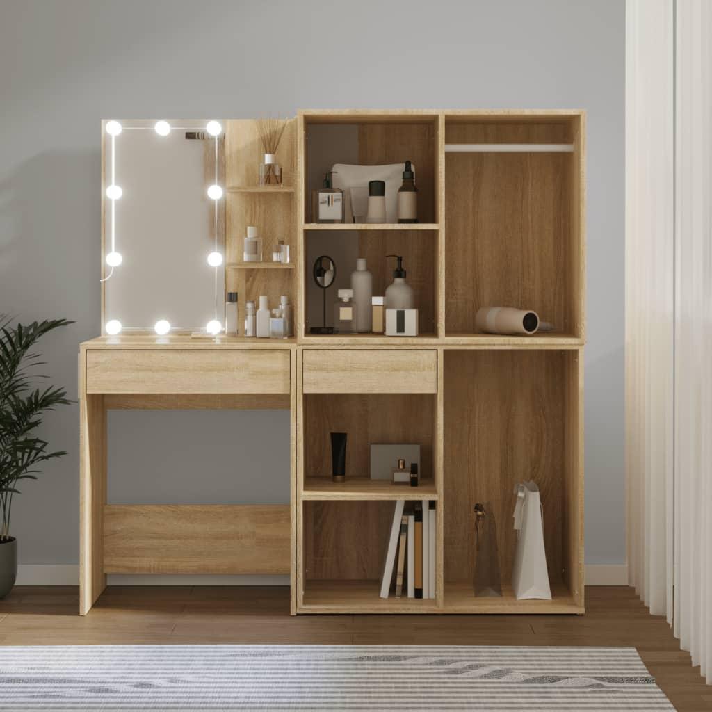 Makeupbord med LED-lys og 2 skabe konstrueret træ sonoma-eg billede