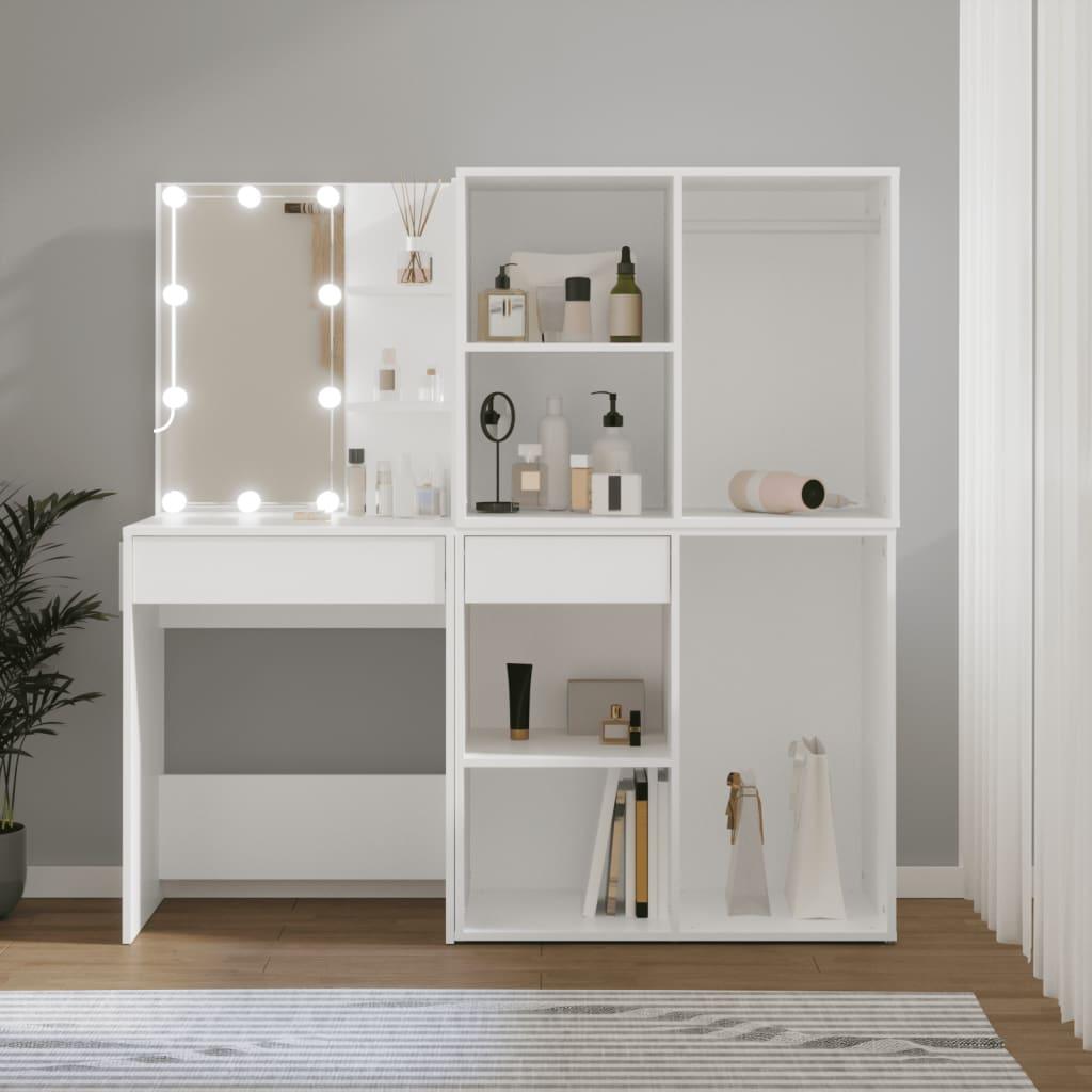 Makeupbord med LED-lys og 2 skabe konstrueret træ hvid billede
