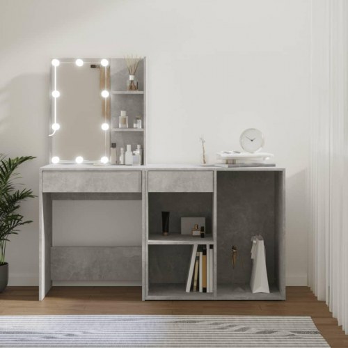 Makeupbord med LED-lys og skab - konstrueret træ, betongrå