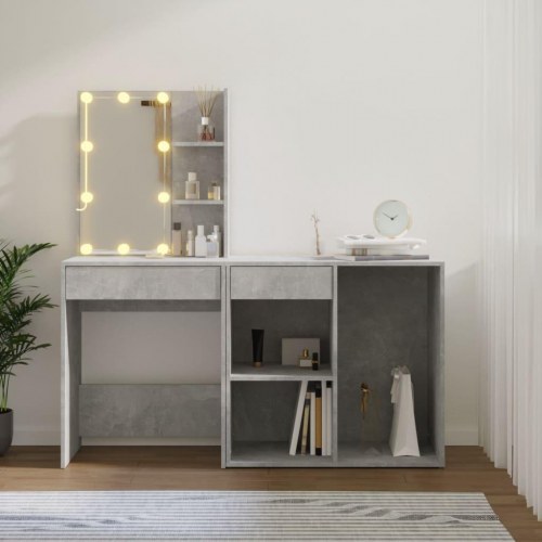 Makeupbord med LED-lys og skab - konstrueret træ, betongrå