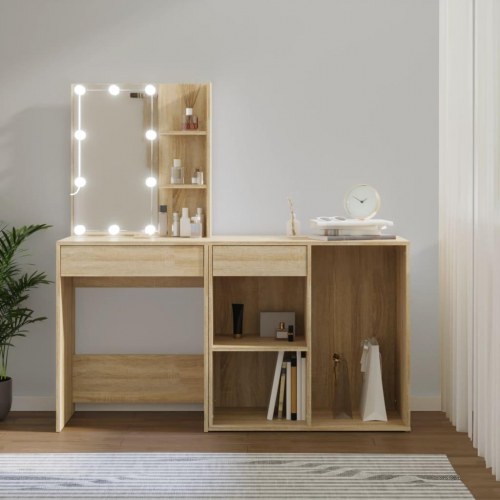 Makeupbord med LED-lys og skab - konstrueret træ, sonoma-eg