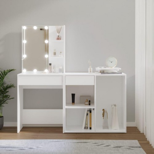 Makeupbord med LED-lys og skab - hvidt konstrueret træ
