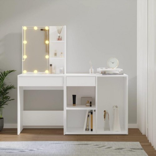 Makeupbord med LED-lys og skab - hvidt konstrueret træ