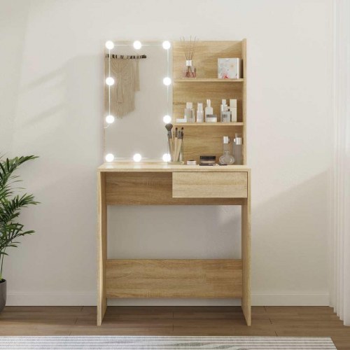 Makeupbord med LED-lys - 74,5 × 40 × 141 cm, konstrueret træ i sonoma-eg