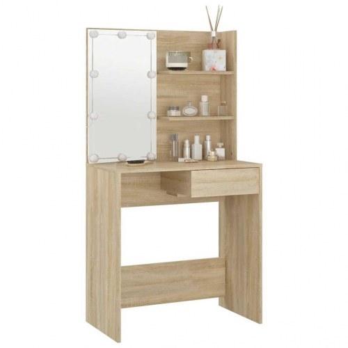 Makeupbord med LED-lys - 74,5 × 40 × 141 cm, konstrueret træ i sonoma-eg