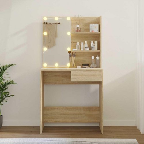 Makeupbord med LED-lys - 74,5 × 40 × 141 cm, konstrueret træ i sonoma-eg