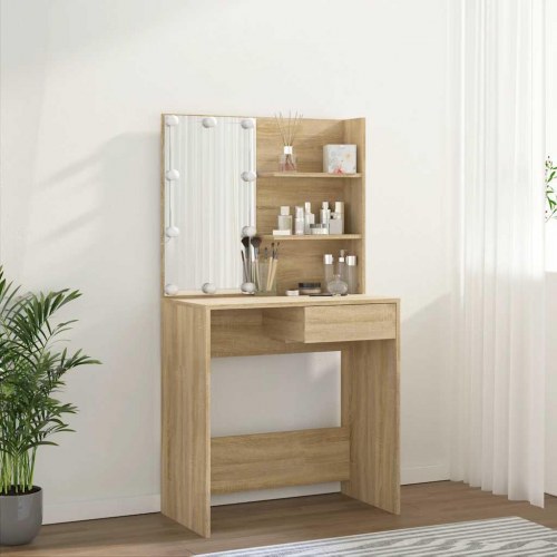 Makeupbord med LED-lys - 74,5 × 40 × 141 cm, konstrueret træ i sonoma-eg