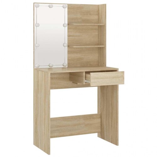 Makeupbord med LED-lys - 74,5 × 40 × 141 cm, konstrueret træ i sonoma-eg