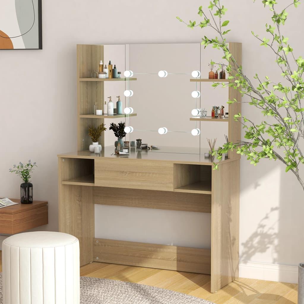 Makeupbord med LED-lys 100x40x135 cm MDF egetræ billede
