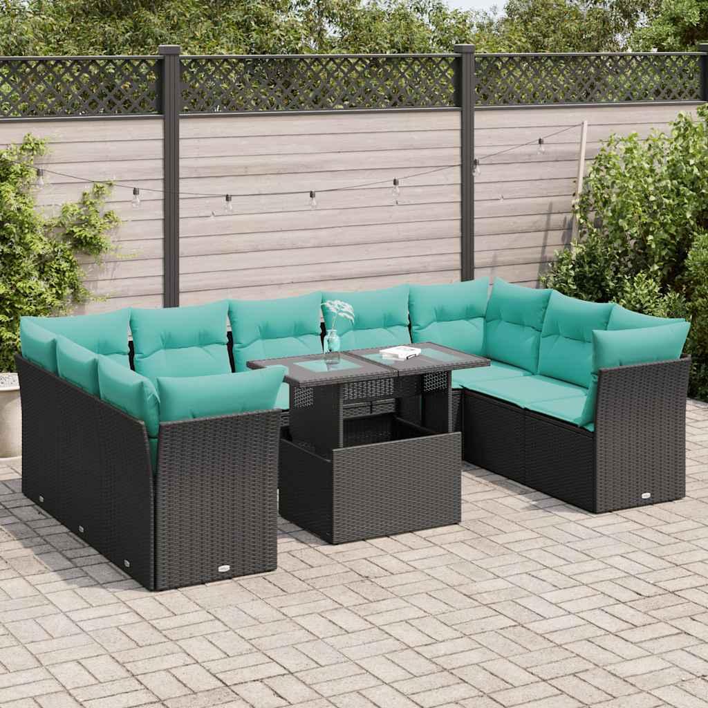Sofasæt til haven 10 dele med hynder og bord i polyrattan sort billede