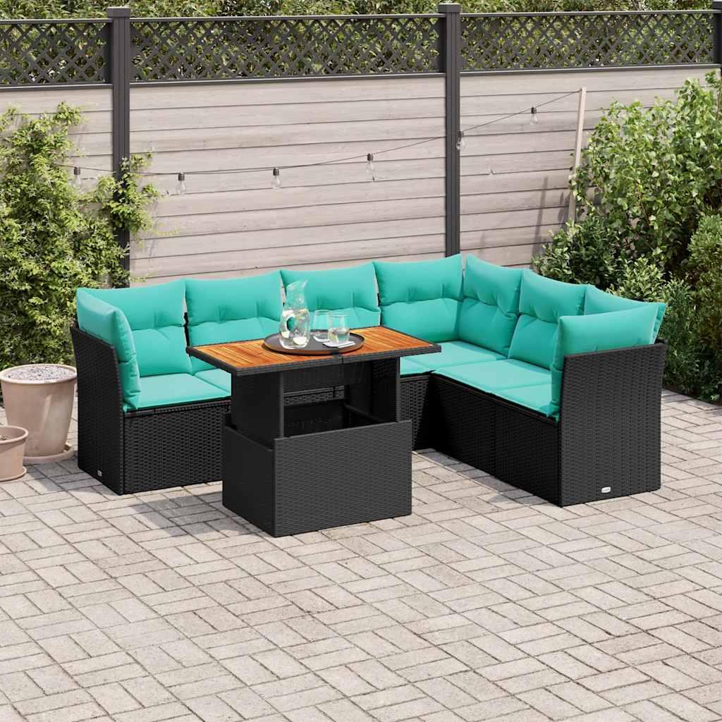 Sofasæt til haven i polyrattan - 7 dele med hynder, sort