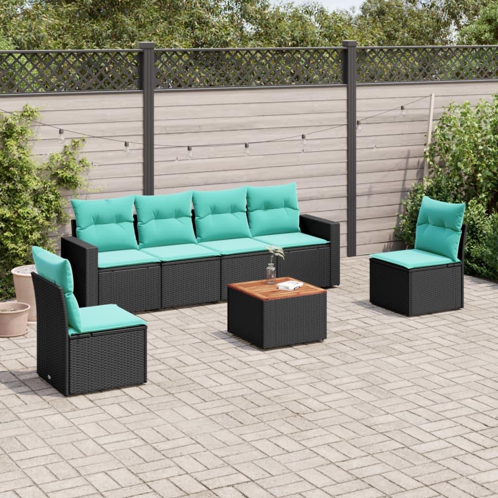 Sofasæt til haven - 7 dele i sort polyrattan med blå hynder og opbevaring billede