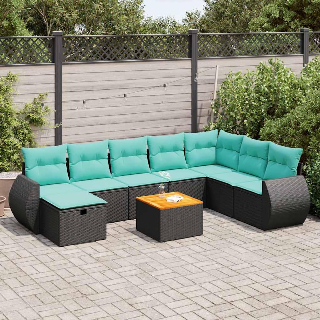 Sofasæt til haven i polyrattan - 9 dele med hynder, sort