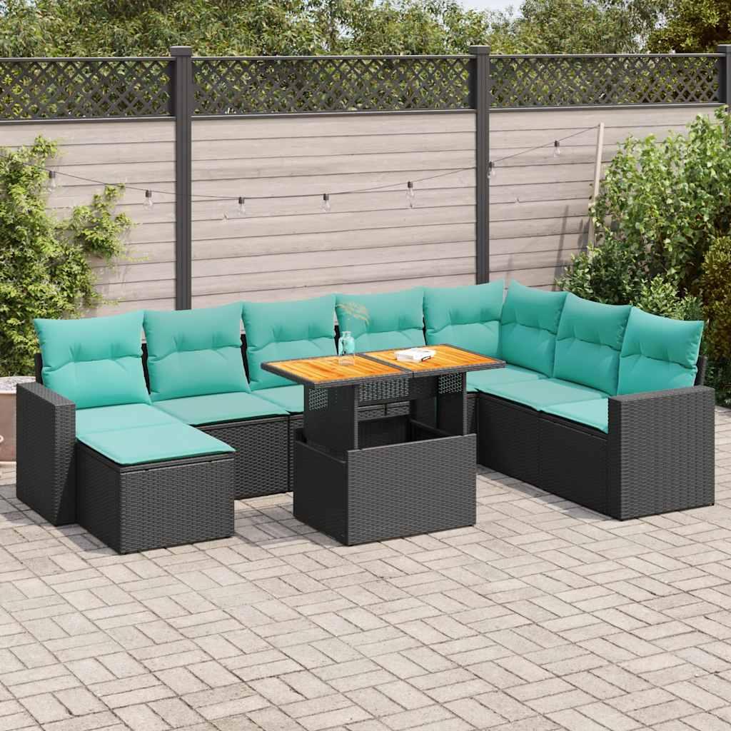 Sofasæt til haven i polyrattan - 9 dele med hynder, sort/blå
