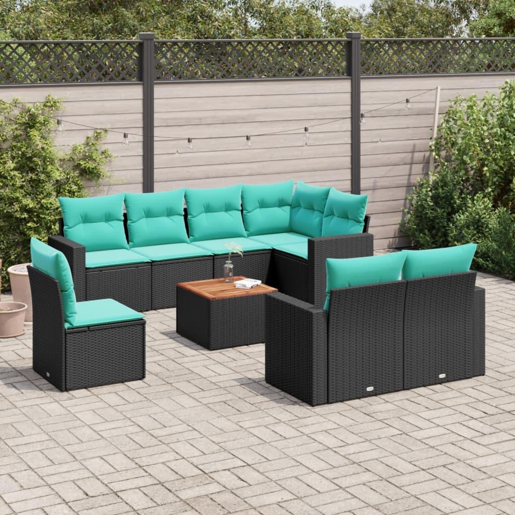 Sofasæt til haven i polyrattan - 9 dele med hynder, sort/blå