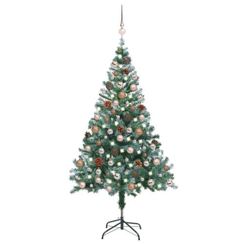 Juletræ med sne + lys + julekugler og grankogler 150 cm