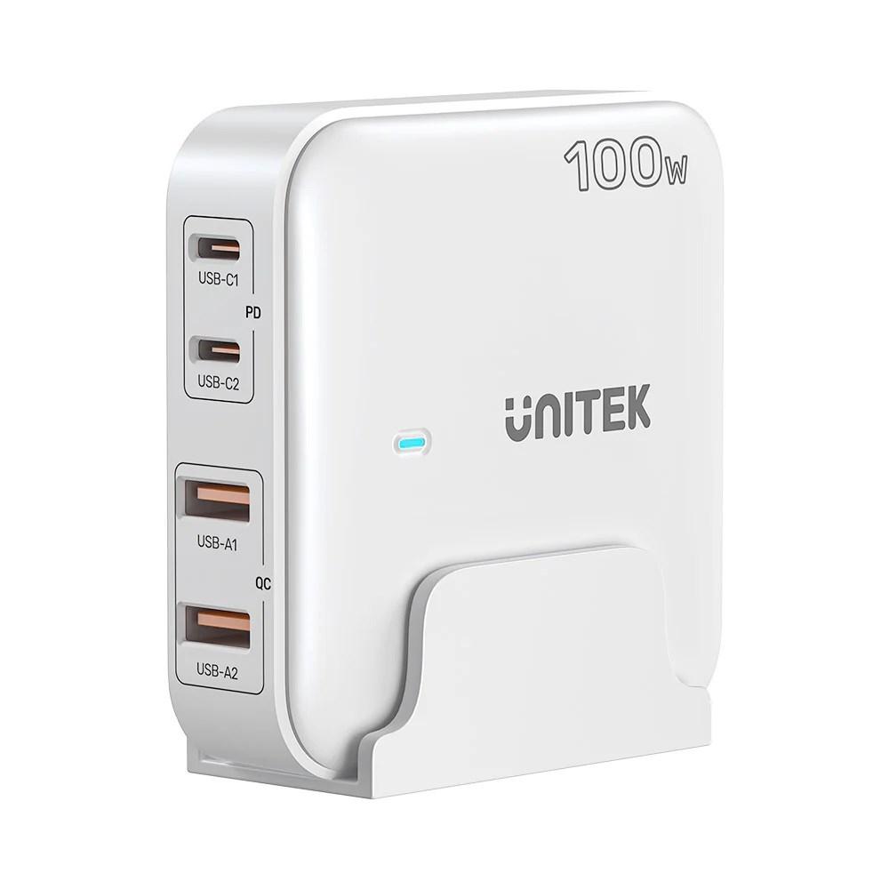 UNITEK P1229A – GaN vægoplader 100 W, 2x USB-C + 2x USB-A (EU, hvid) billede