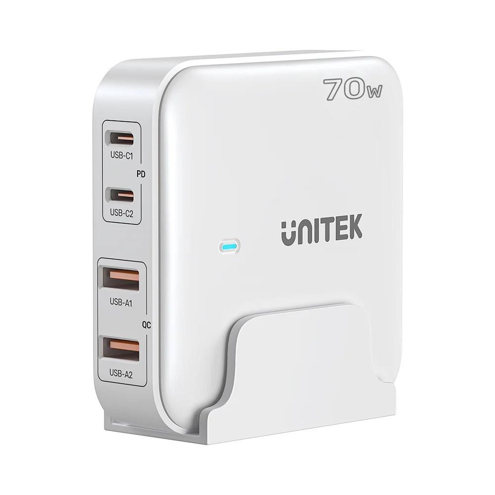 UNITEK P1228A – GaN vægoplader 70 W, 2x USB‑C + 2x USB‑A (hvid) billede