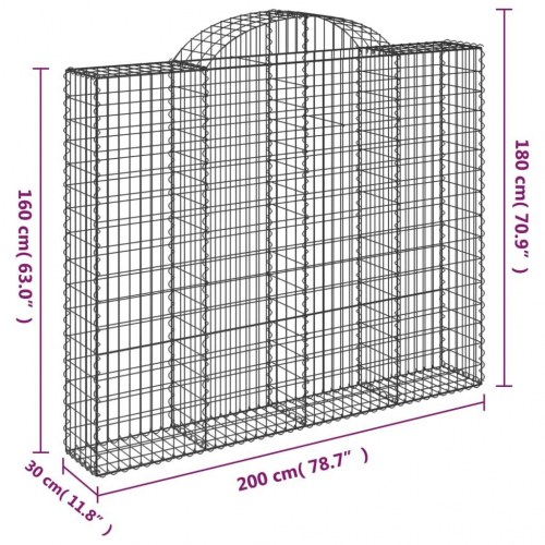 Buet gabionkurv 200×30×160/180 cm - galvaniseret jern stenvæg/afskærmning