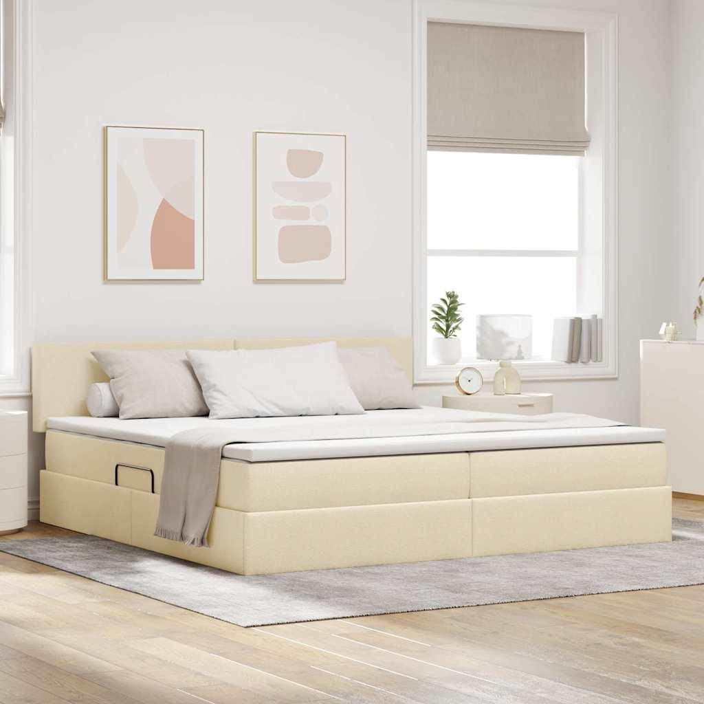 Seng med opbevaring og LED med madras Creme 200 x 200 cm Stof billede
