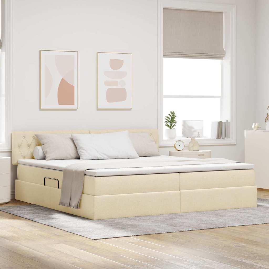 Seng med opbevaring og LED med madras Creme 200 x 200 cm Stof billede