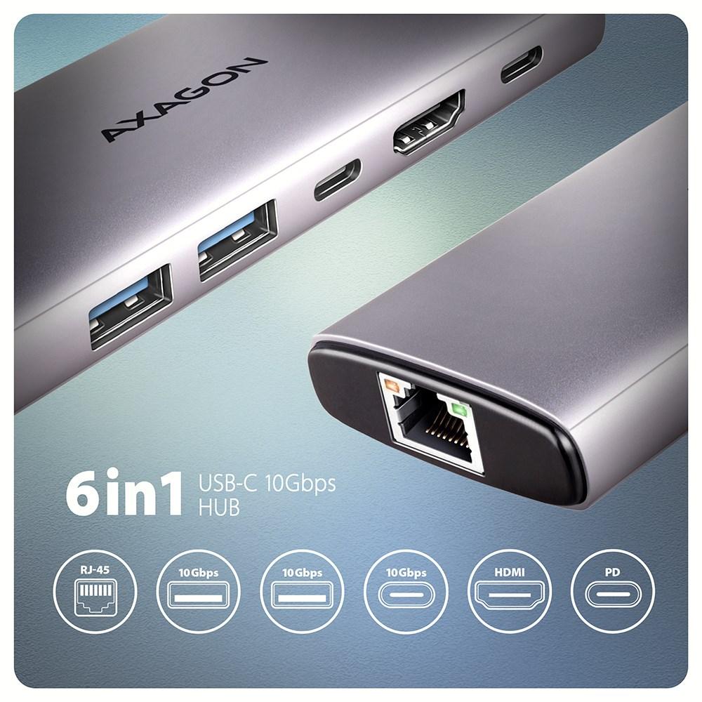 Axagon HMC-6G2L, Ledningsført, USB 3.2 Gen 2 (3.1 Gen 2) Type-C, 100 W, 1.4/2.3, 10,100,1000 Mbit/s, IEEE 802.3ab, IEEE 802.3au