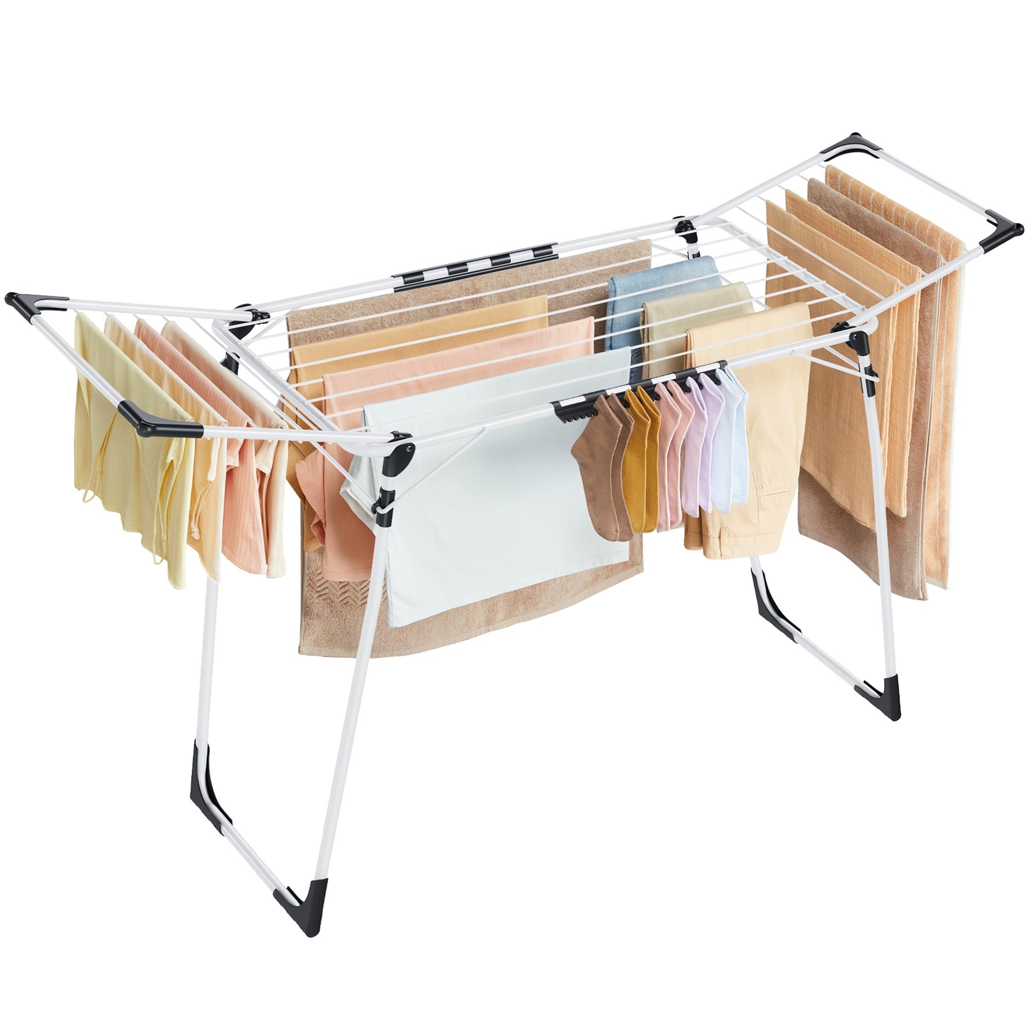 Foldbart tørrestativ med vinger – 52,5 × 173 × 96,5 cm, hvid, 18 m tørreplads, sokkeklemmer