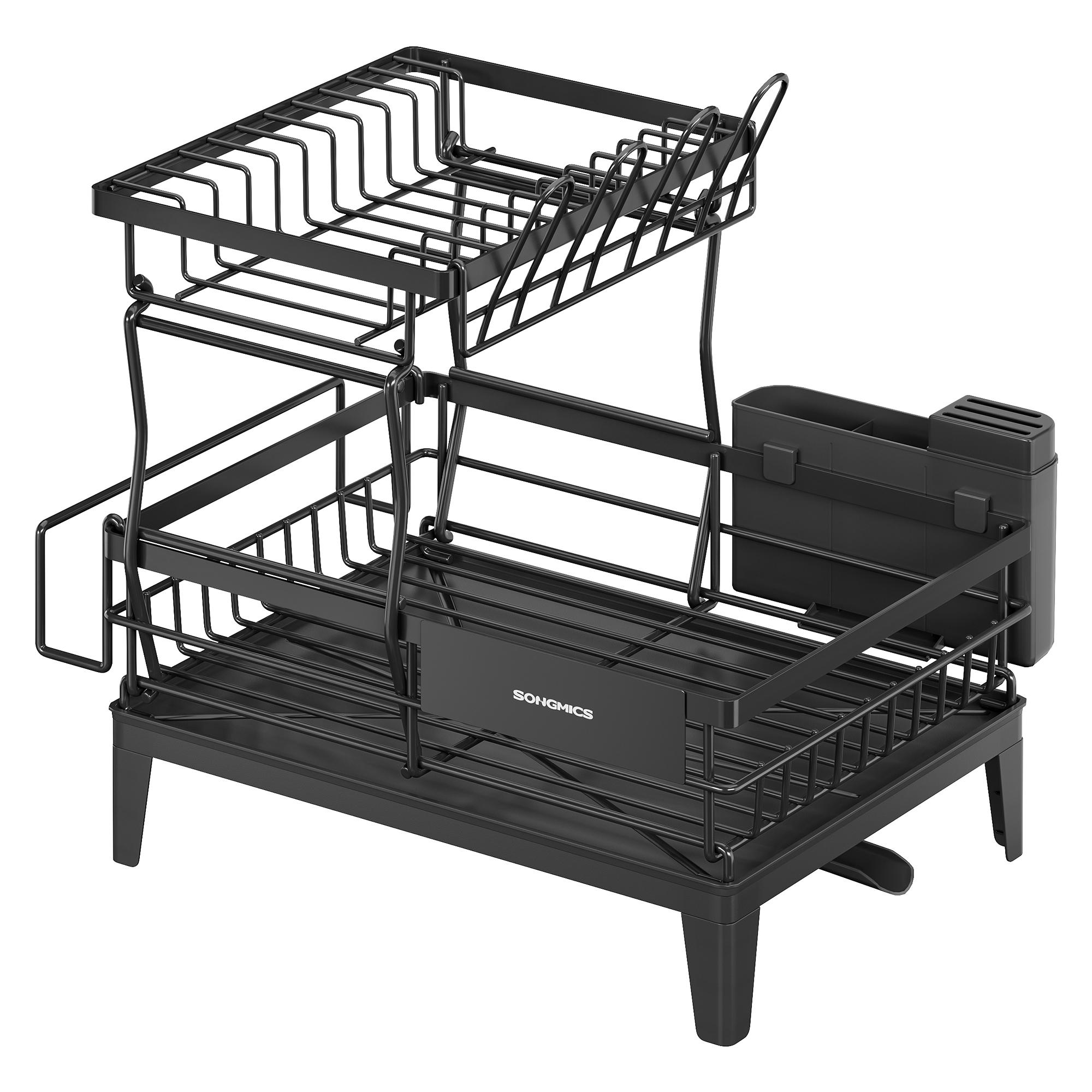 Opvaskestativ i 2 niveauer med 360° drejbar tud - drænplade og bestikholder, 31 × 42 × 36,5 cm - ink sort