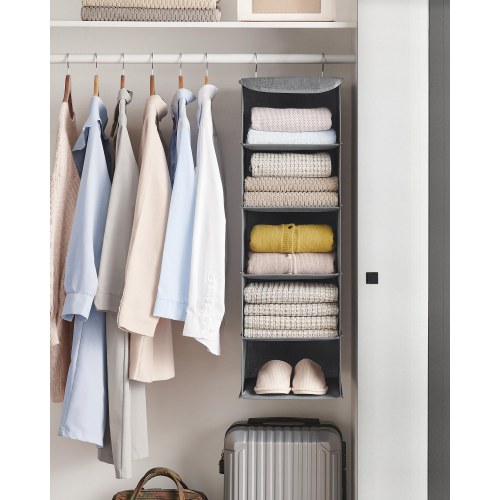 Hængende garderobeorganisator med 5 hylder – foldbar stofreol med metalkroge og bambusindsatser, grå (30×30×90 cm)