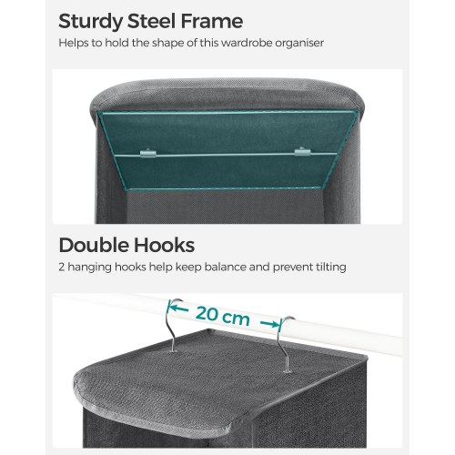 Hængende garderobeorganisator med 5 hylder – foldbar stofreol med metalkroge og bambusindsatser, grå (30×30×90 cm)