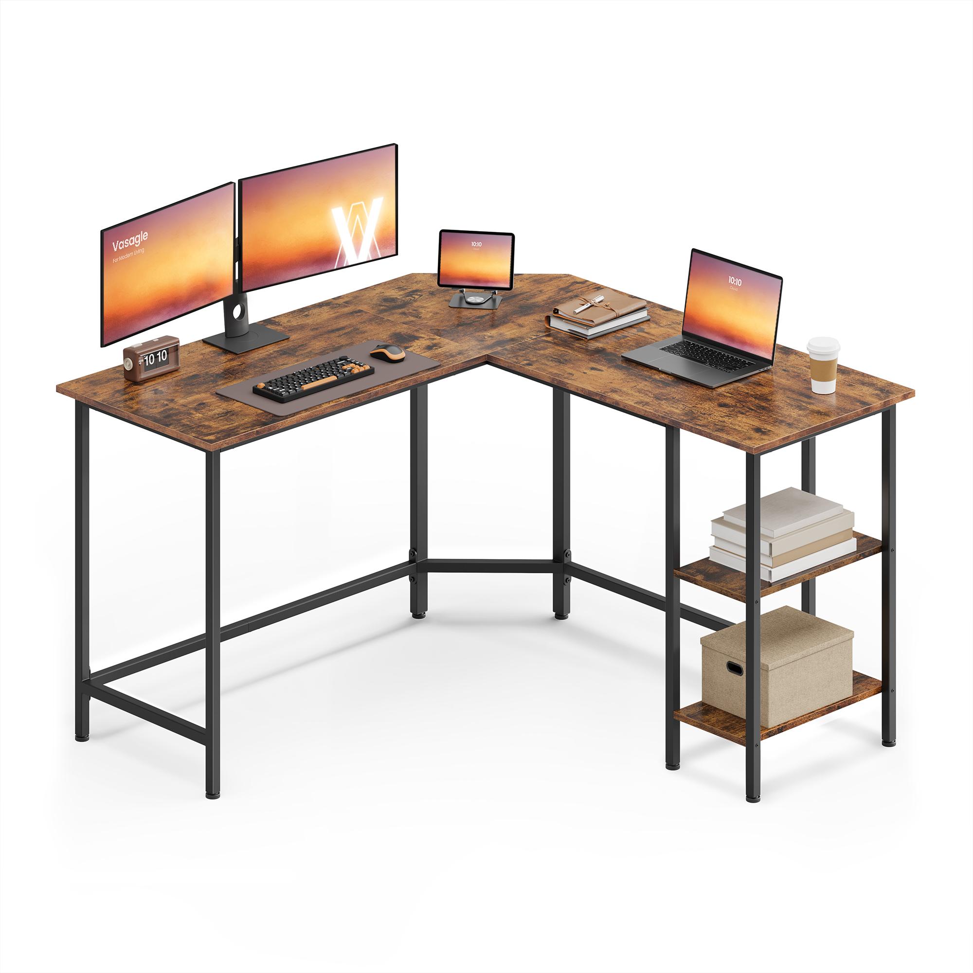 L-formet hjørneskrivebord 130 × 130 × 76 cm med 2 hylder – rustik brun/sort