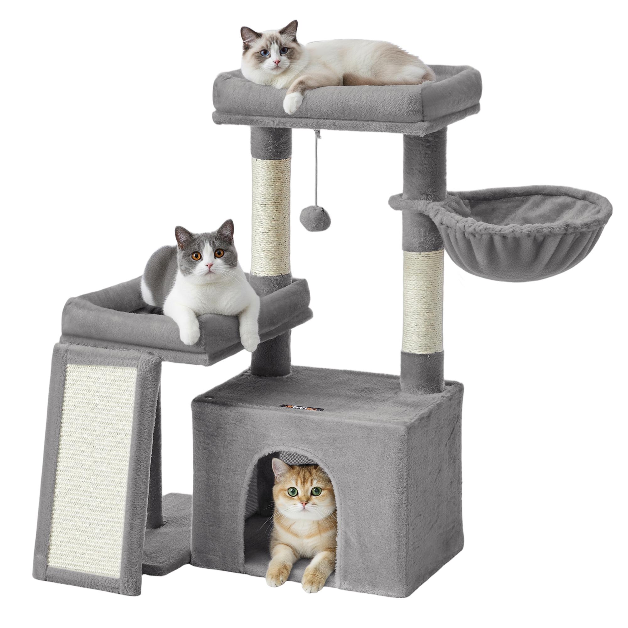 Klatretræ til katte med 2 store senge, kradseposter og rampe - 85,8 cm, duegrå (PCT013GD01)