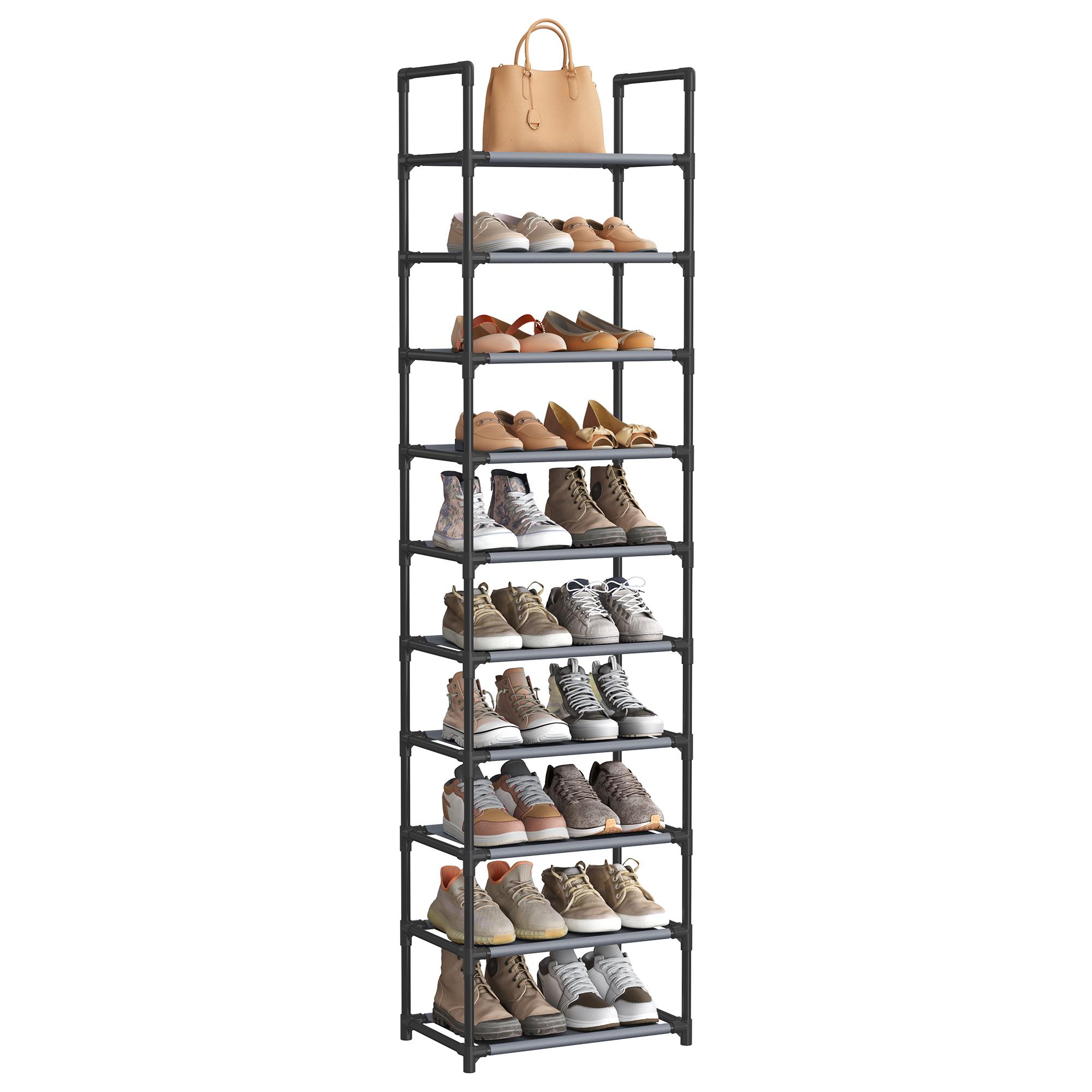 Skoreol med 10 hylder - pladsbesparende skostativ 45 × 28 × 173 cm, metalstel og non-woven hylder, grå