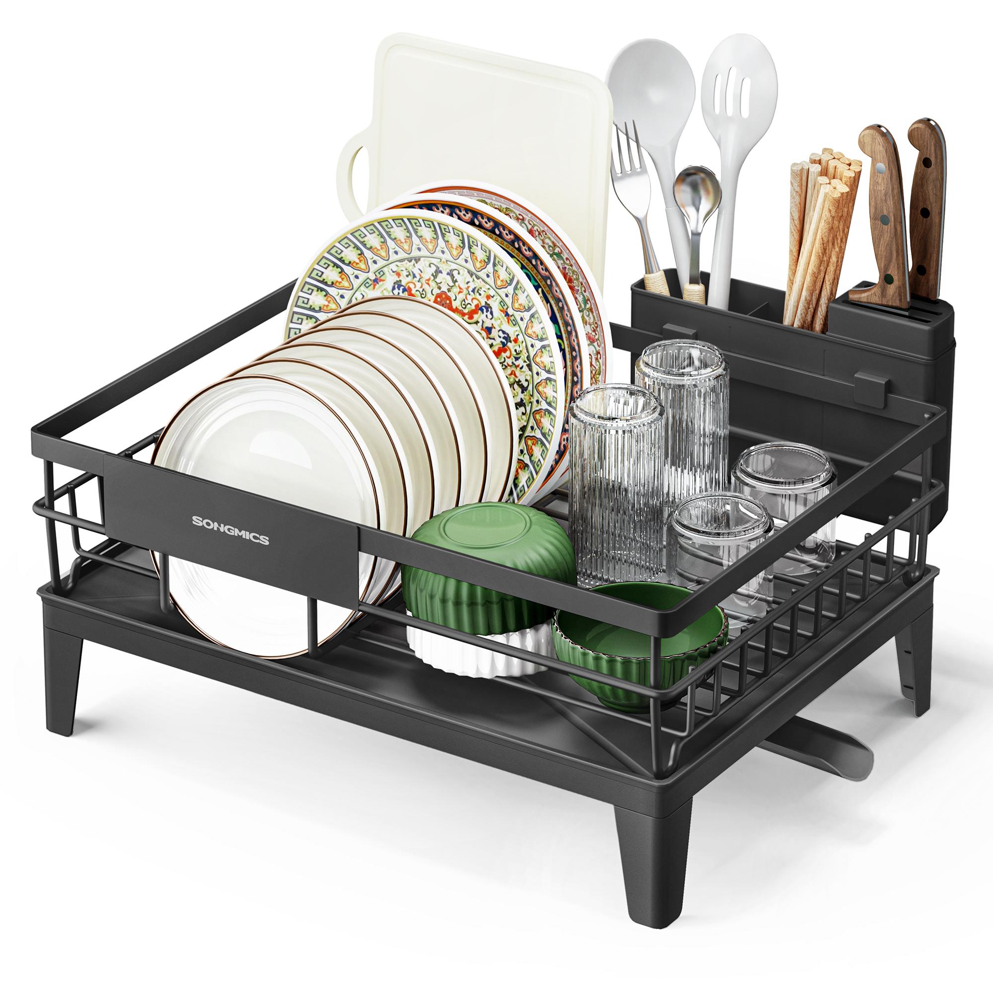 Opvaskestativ med drypbakke - 360° drejbar tud, bestikholder, 31 × 42 × 18,5 cm - ink black