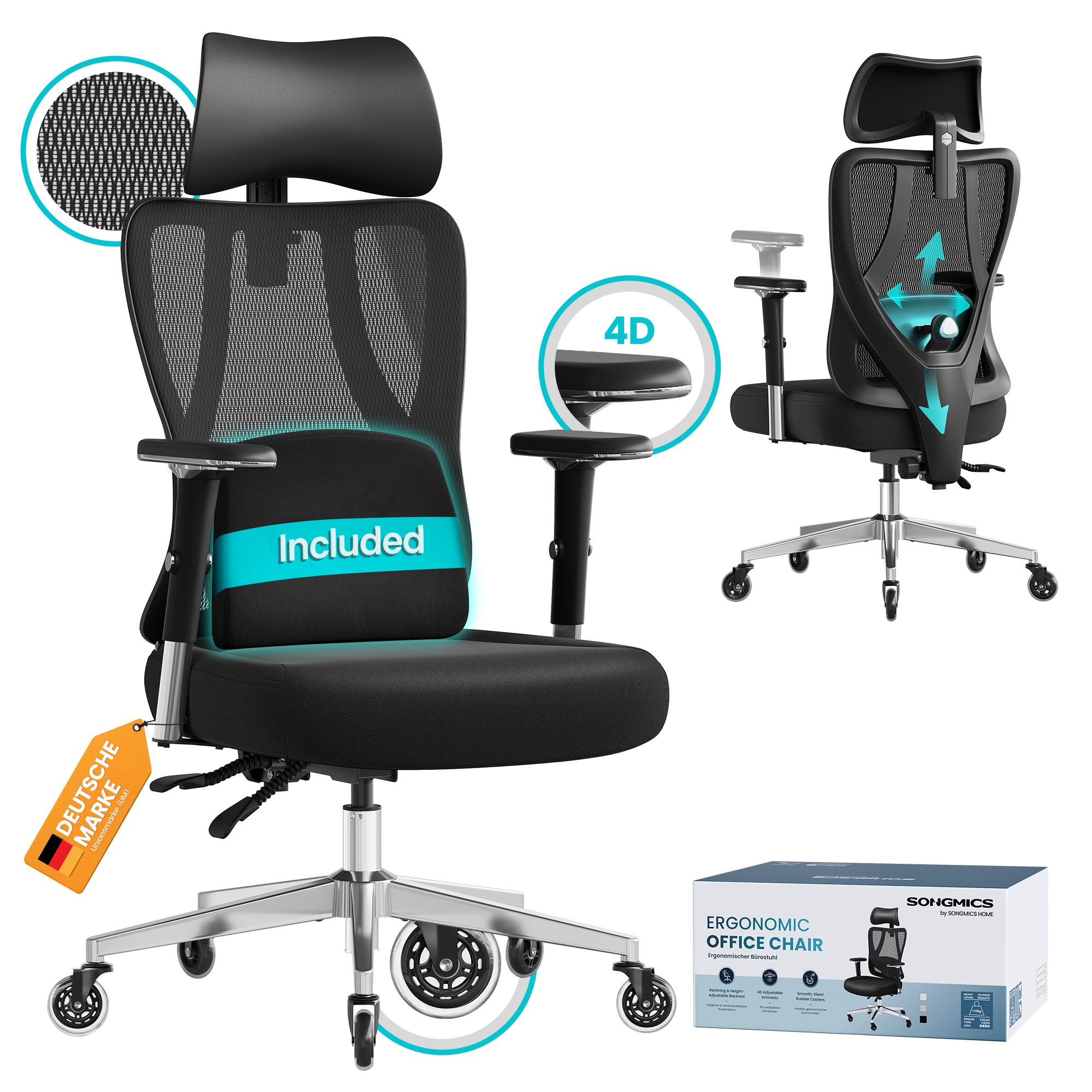 Ergonomisk kontorstol med 4D armlæn, justerbar lændestøtte og nakkestøtte – vip 90–135°, belastning 150 kg – Ink Black (OBN067BH02)