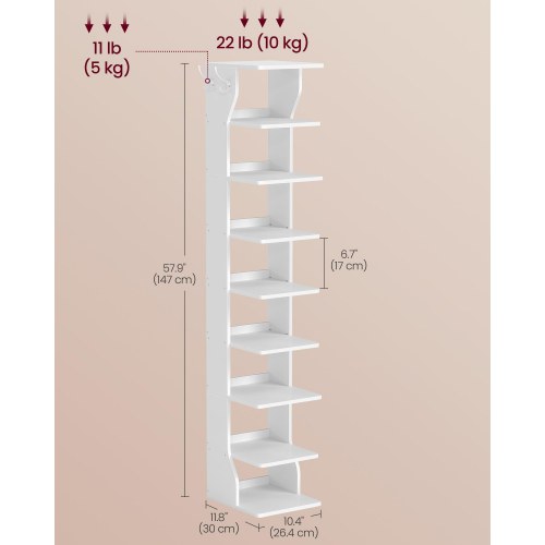Smal skoreol med 9 hylder – mat hvid, pladsbesparende skoopbevaring til entré og små rum