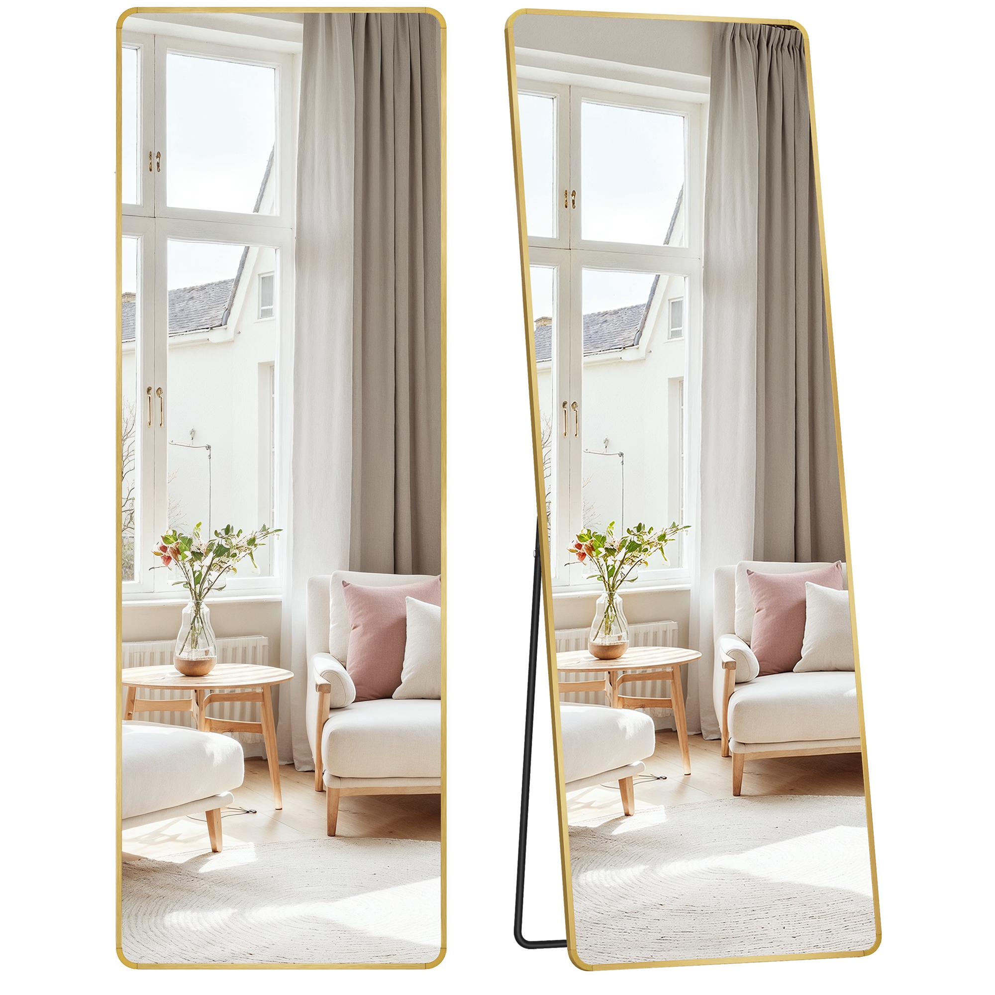 Fuldfigurs gulvspejl 160 × 50 cm - rektangulært spejl med stander, hærdet glas, aluminiumsramme - lys guld