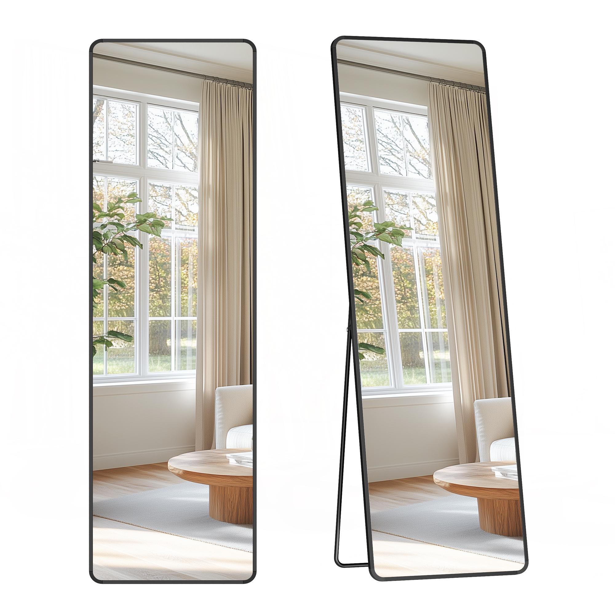 Fuldfigurs gulvspejl 150 × 40 cm med ståstativ - rektangulært spejl i hærdet glas, aluminiumsramme, blæksort