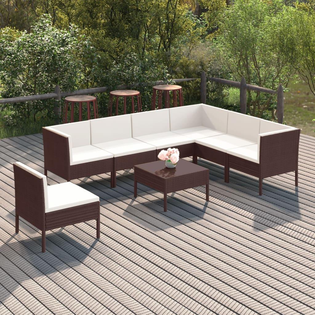 Loungesæt til haven 8 dele med hynder polyrattan brun billede