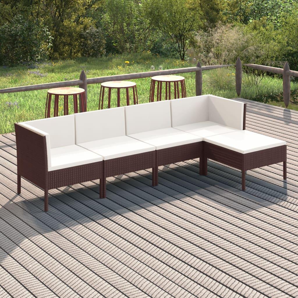Loungesæt til haven 5 dele med hynder polyrattan brun billede