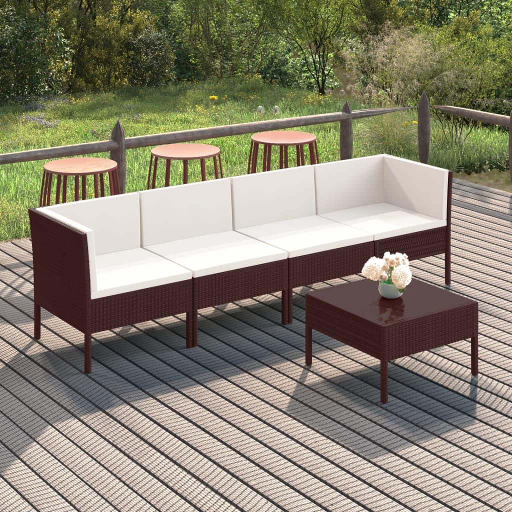 Loungesæt til haven 5 dele med hynder polyrattan brun billede