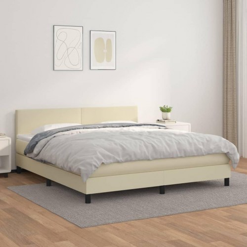 Kontinentalseng 180x200 cm i kunstlæder - cremefarvet, med madras og topmadras