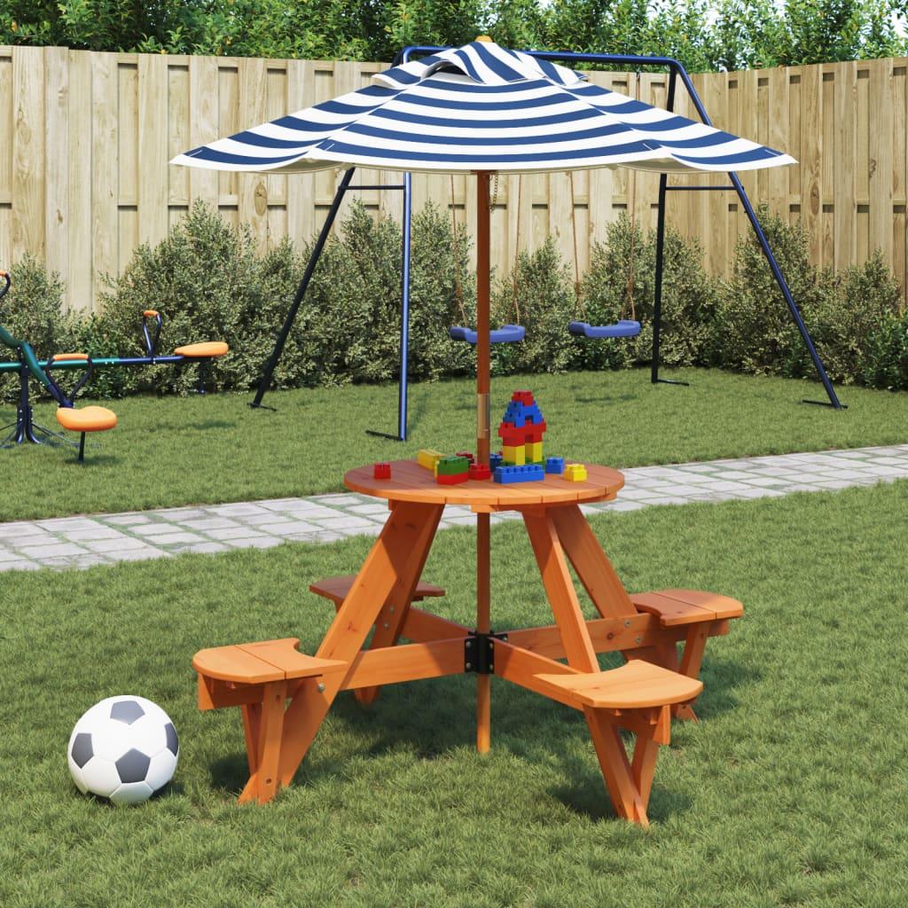 Picnicbord til 4 børn m. parasol rundt massivt grantræ billede