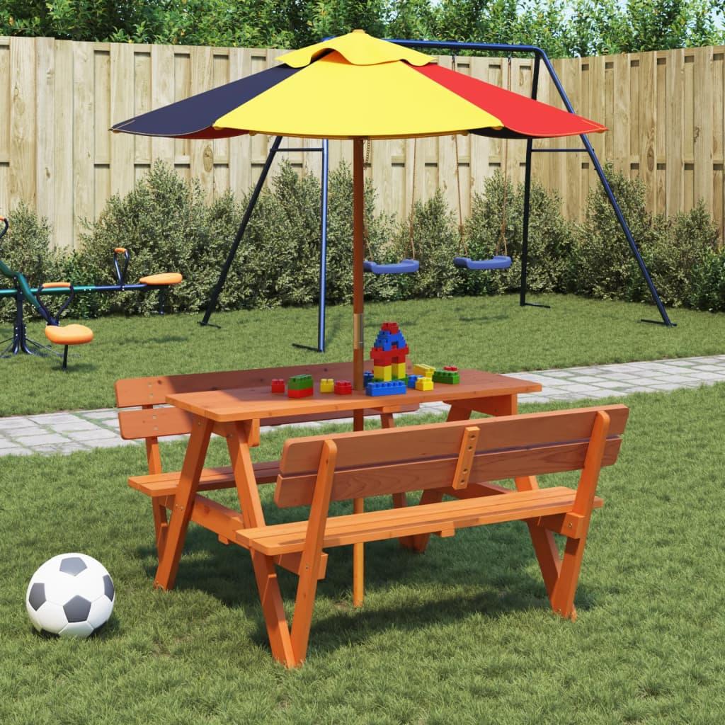 Picnicbord til 4 børn m. parasol massivt grantræ billede