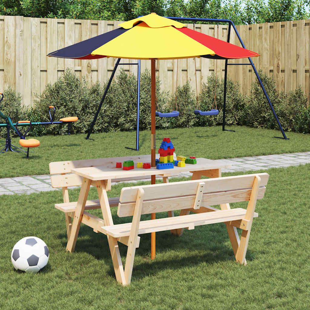 Picnicbord til 4 børn m. parasol massivt grantræ billede
