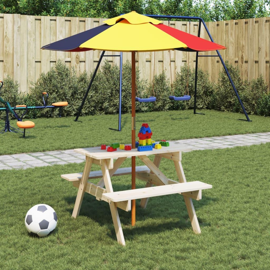 Picnicbord til 4 børn m. parasol massivt grantræ billede