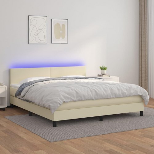 Kontinentalseng med LED-lys 180×200 cm - kunstlæder, creme